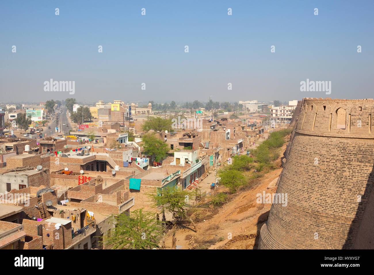 an aerial view of hanumangarh city rajasthan india from the restored walls of bhatner fort under a blue hazy sky Stock Photo