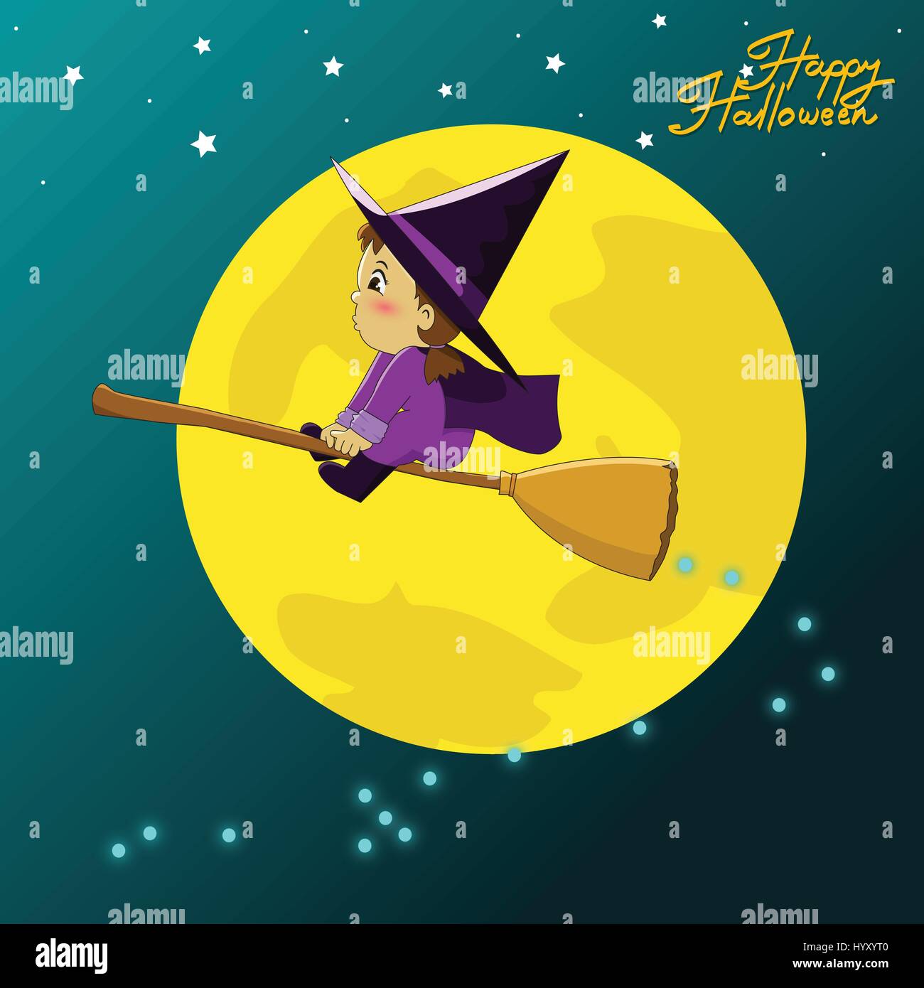 Little witch flying on a broomstick, Halloween cartoon vector ...