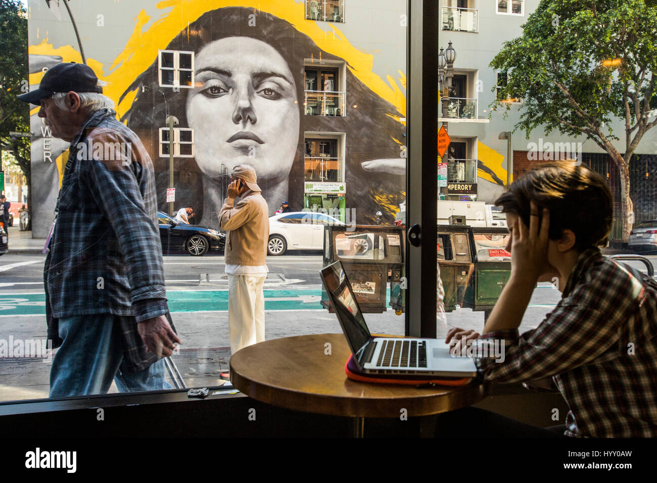 view from Coffee Shop on Spring Street, downtown Los Angeles, California, USA Stock Photo