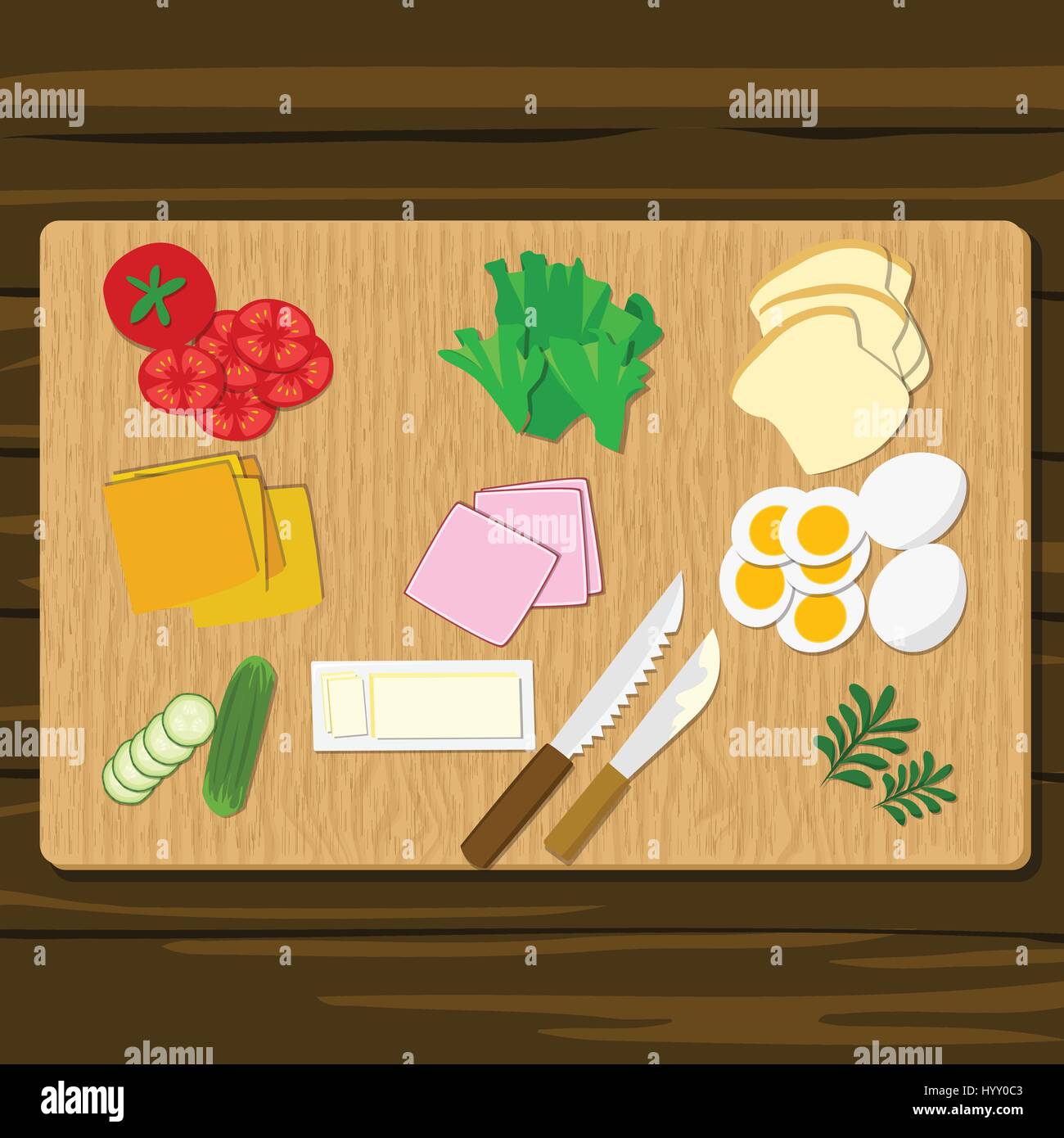 Vector Illustration of Ingredients for sandwiches. boiled egg, ham, cheese, cucumbers and other elements to build custom sandwiches. Stock Vector