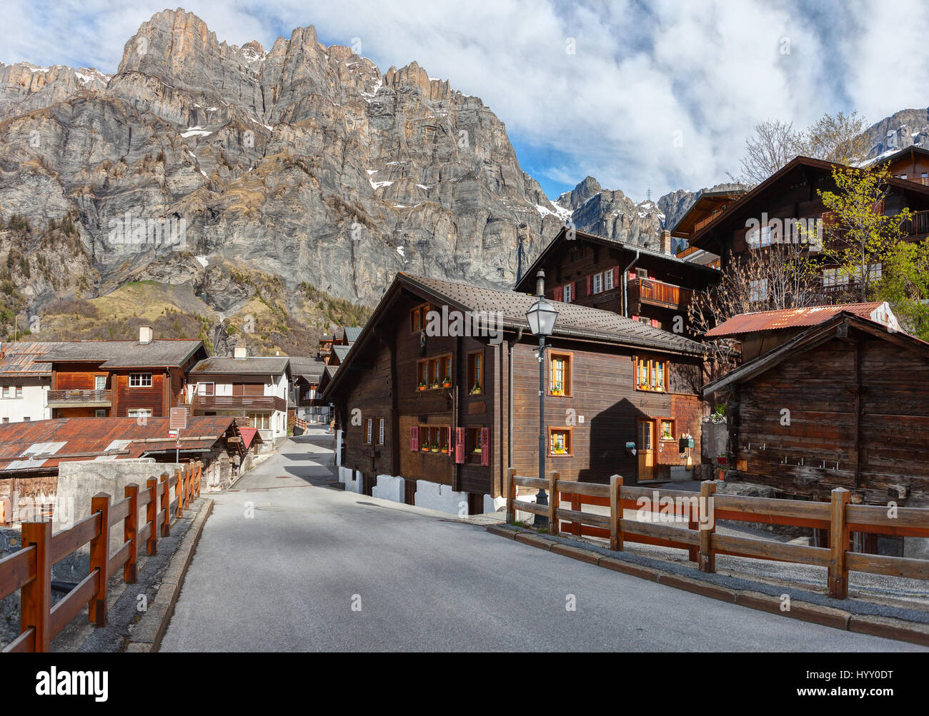 Old street   at spring morning  in Leukerbad, canton of Valais in Switzerland. Stock Photo