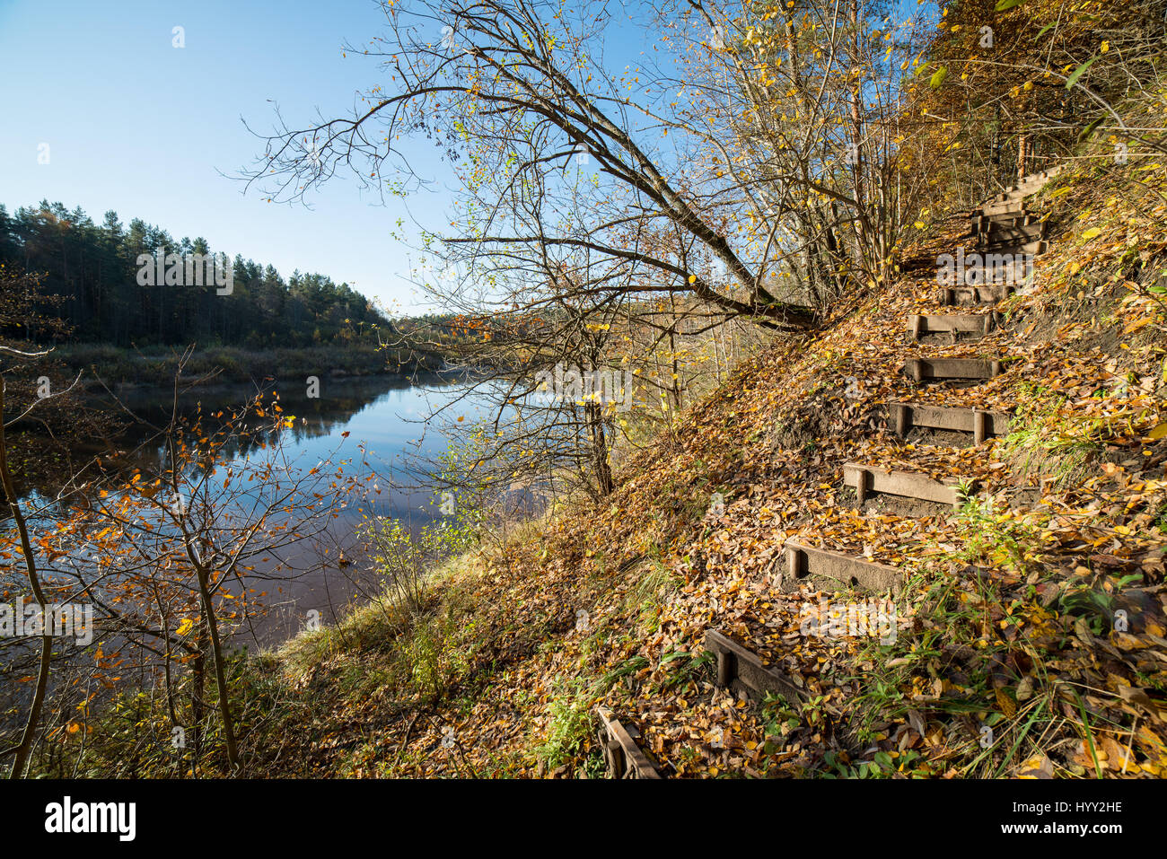 Fall Countryside Trail autumn colored tourism trail in the woods in the countryside Stock ...