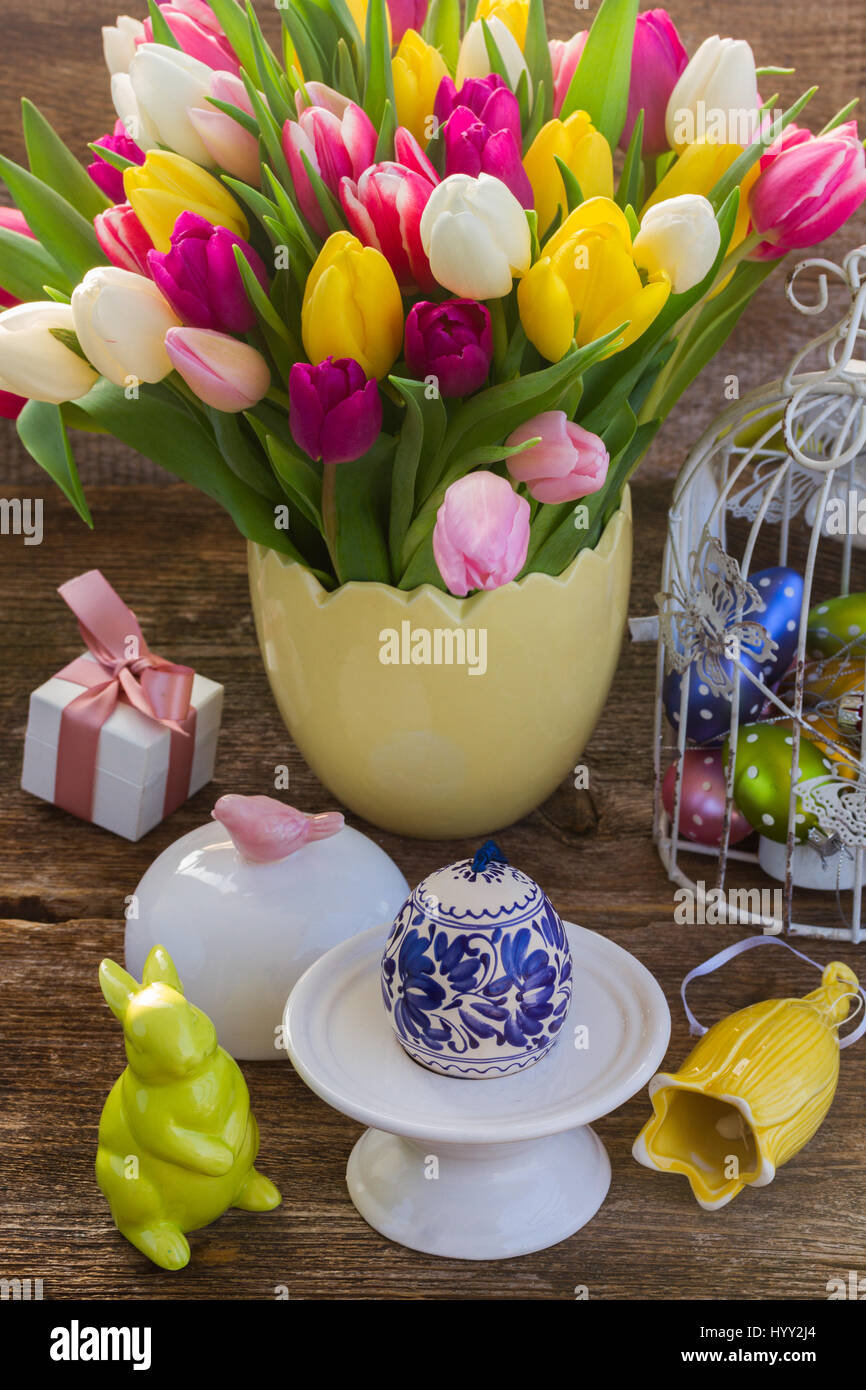 Spring tulips with painted easter egg and rabbit Stock Photo - Alamy