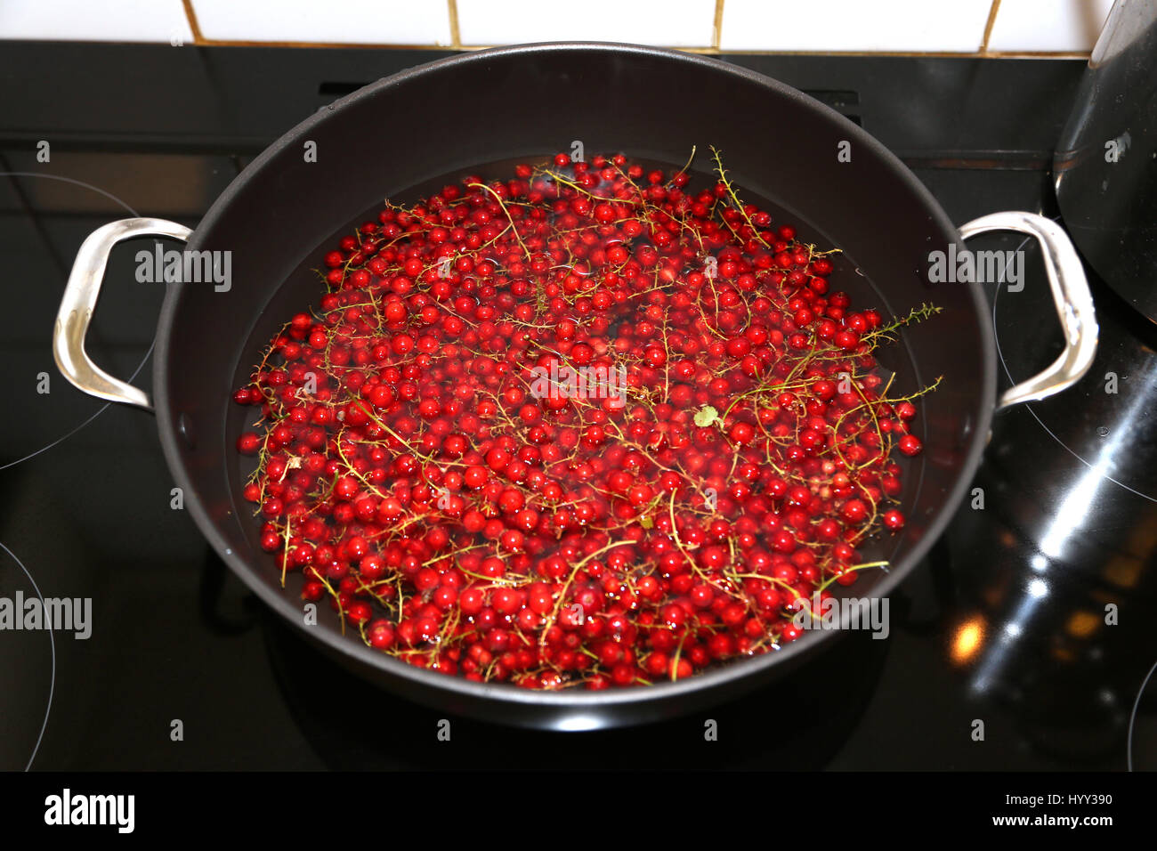 Making Redcurrent Jelly - Redcurrents In Pan On Electric Hob Stock Photo