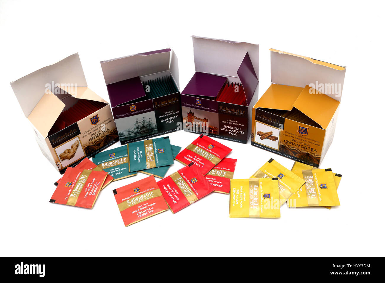 Boxes Of Labookellie Ceylon Tea - Ginger, Earl Grey, English Breakfast And Cinnamon Tea With Enveloped Tea bags Stock Photo