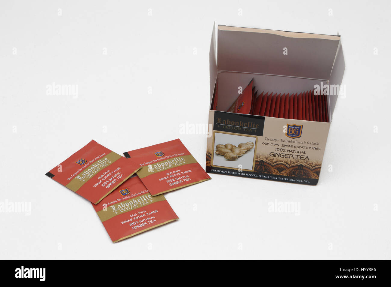 Box Of Labookellie Ceylon Tea -  Ginger With Enveloped Tea Bags Stock Photo