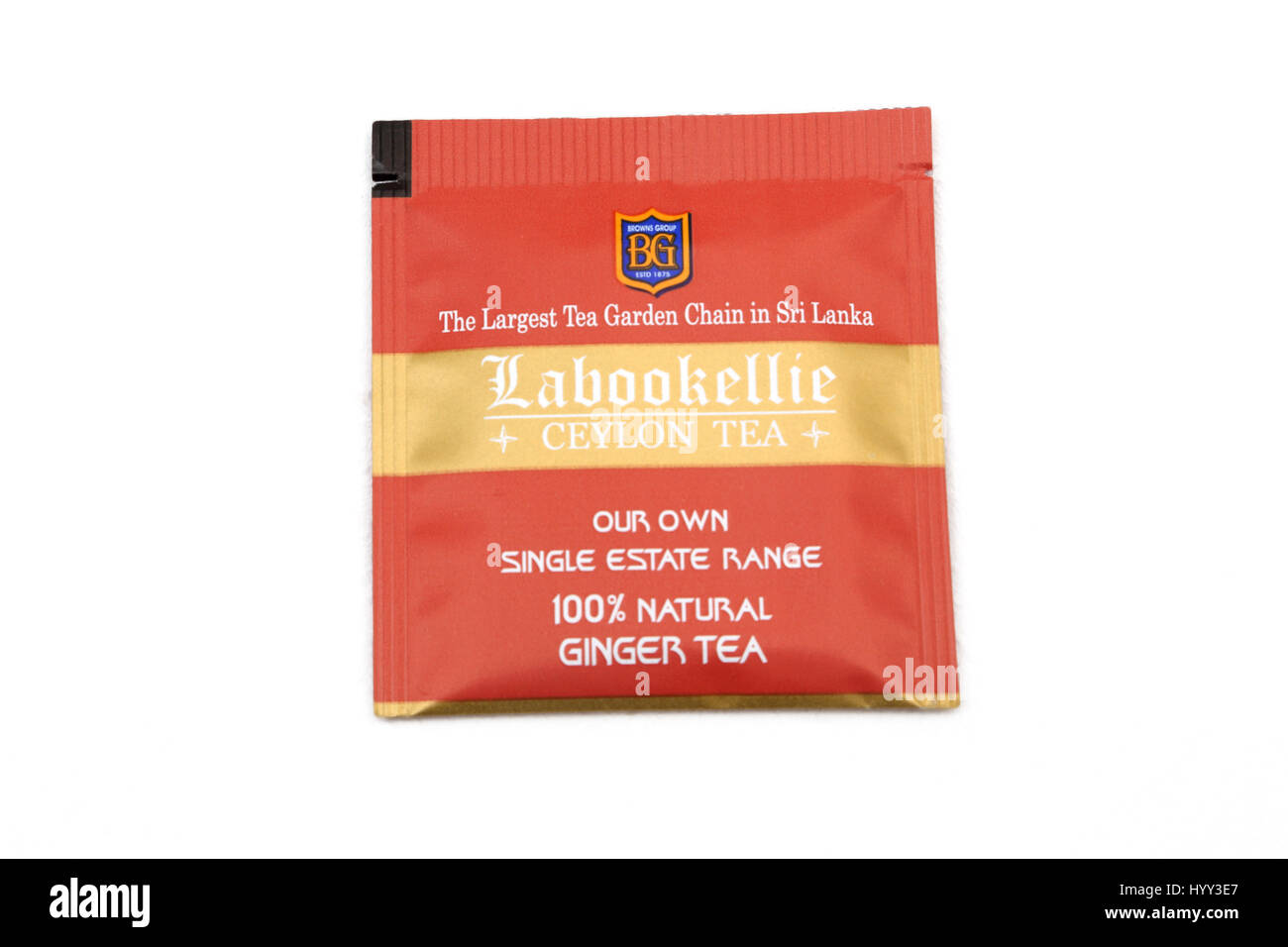 Labookellie Ceylon Tea Enveloped Tea Bag Hundred Percent Natural Ginger Flavour Stock Photo