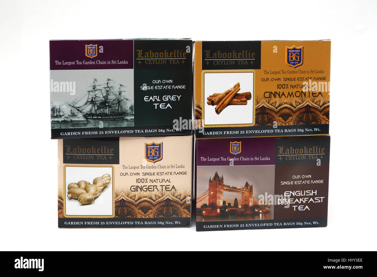 Boxes Of Labookellie Ceylon Tea - Ginger, Earl Grey, English Breakfast And Cinnamon Tea Stock Photo