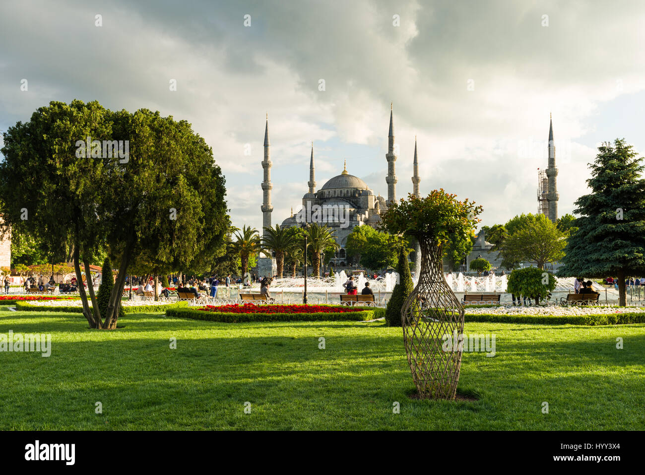 Blue Mosque From Sultanahmet Square in late afternoon light, Istanbul Stock Photo