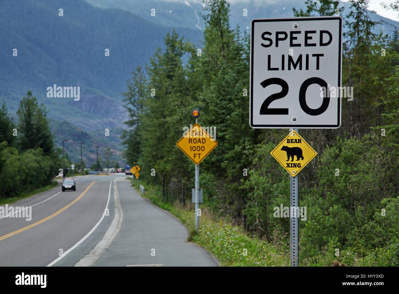 Sign Warns of End of Road in Juneau, Alaska Stock Photo