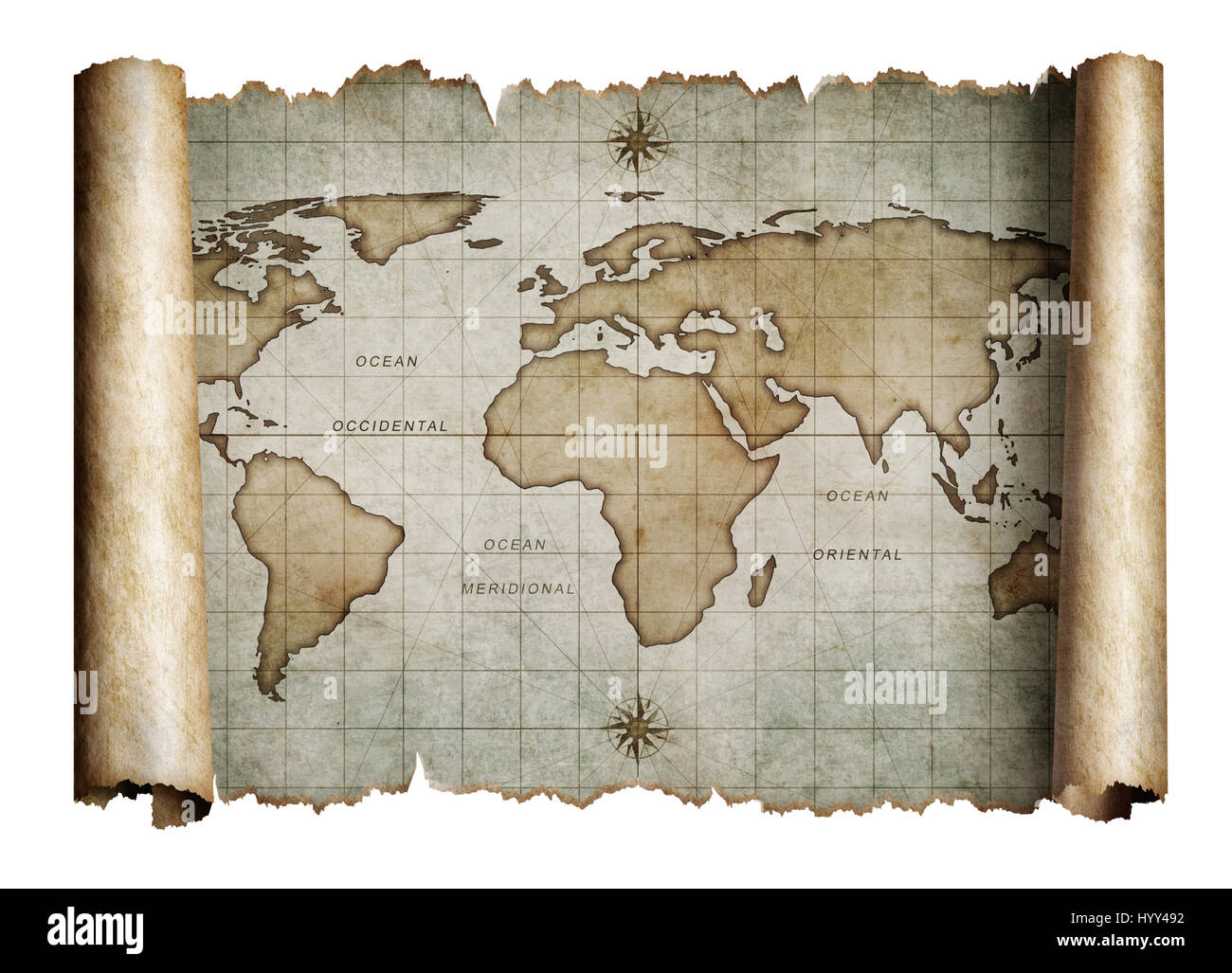 old nautical world map scroll isolated Stock Photo