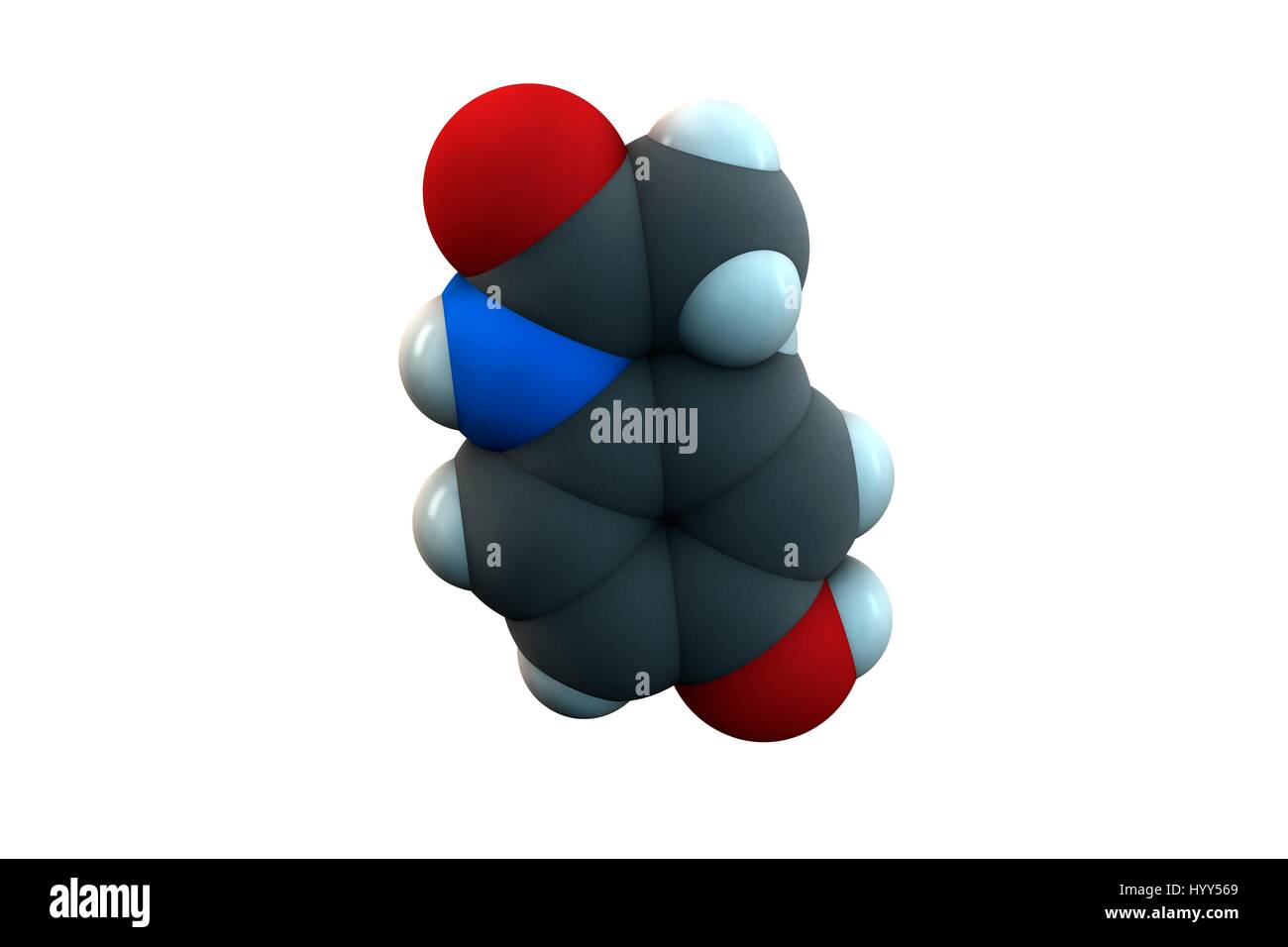 Paracetamol (Acetaminophen) drug molecule. Chemical formula is C8H9NO2. Atoms are represented as spheres: carbon (grey), hydrogen (white), nitrogen (blue), oxygen (red). Illustration. Stock Photo