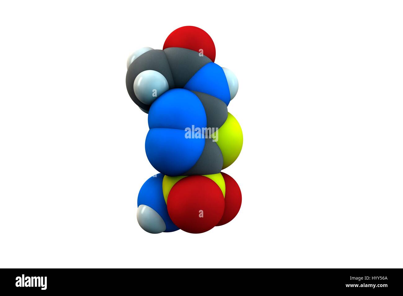 Acetazolamide diuretic drug molecule. Chemical formula is C4H6N4O3S2. Atoms are represented as spheres: carbon (grey), hydrogen (white), nitrogen (blue), oxygen (red), sulphur (yellow). Illustration. Stock Photo