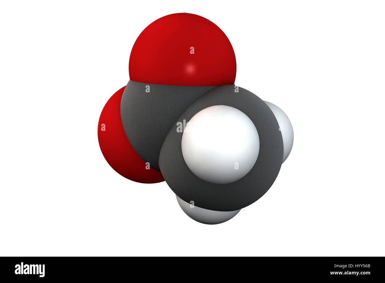 Acetic acid molecule. Vinegar is an aqueous solution of acetic acid. Chemical formula is C2H3O2. Atoms are represented as spheres: carbon (grey), hydrogen (white), oxygen (red). Illustration. Stock Photo