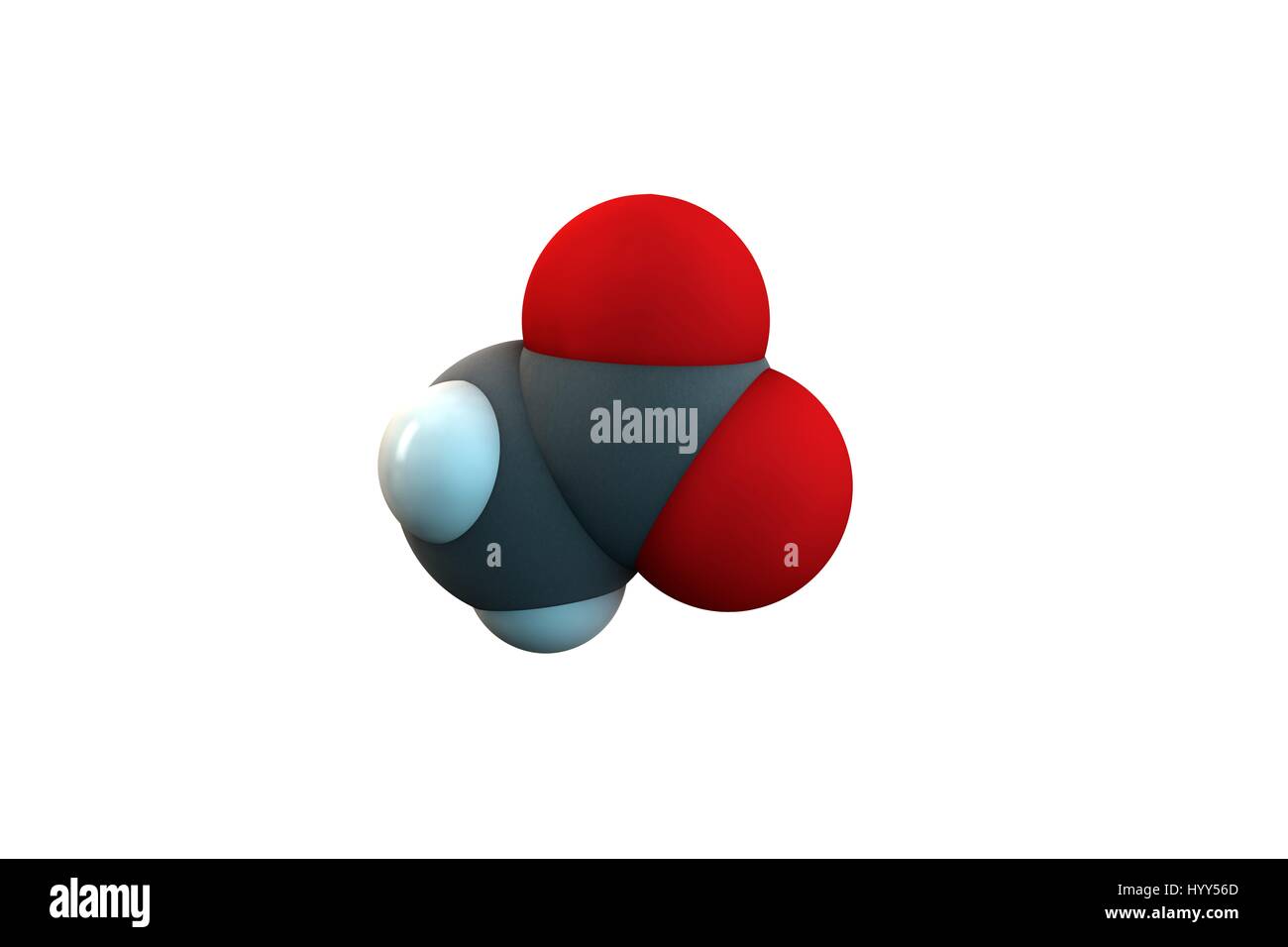 Acetic acid molecule. Vinegar is an aqueous solution of acetic acid. Chemical formula is C2H3O2. Atoms are represented as spheres: carbon (grey), hydrogen (white), oxygen (red). Illustration. Stock Photo