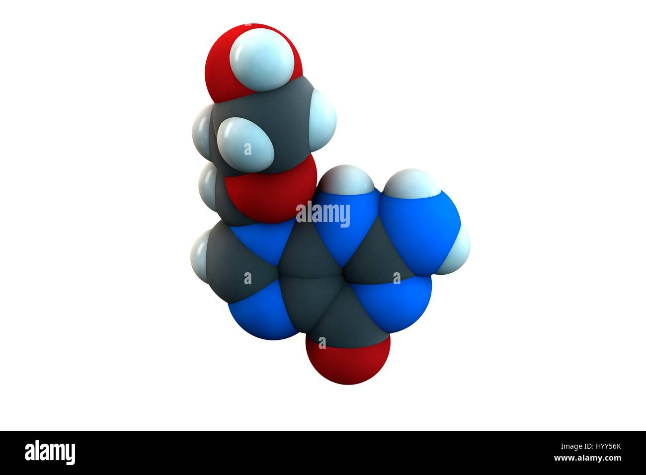 Aciclovir antiviral drug molecule. Used in treatment of herpes simplex virus (cold sores), herpes zoster (shingles) and varicella zoster (chickenpox). Chemical formula is C8H11N5O3. Atoms are represented as spheres: carbon (grey), hydrogen (white), nitrogen (blue), oxygen (red). Illustration. Stock Photo