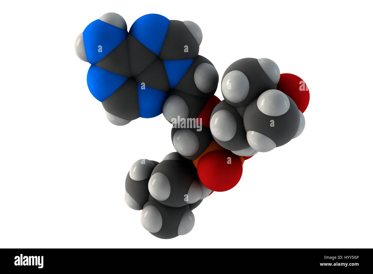 Adefovir hepatitis B and herpes simplex virus (HSV) drug molecule. Chemical formula is C20H32N5O8P. Atoms are represented as spheres: carbon (grey), hydrogen (white), nitrogen (blue), oxygen (red), phosphorus (orange). Illustration. Stock Photo