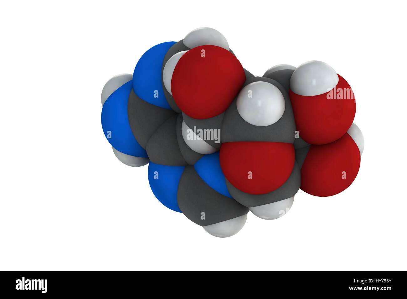 Adenosine (Ado) purine nucleoside molecule. Important component of ATP, ADP, cAMP and RNA. Also used as drug. Chemical formula is C10H13N5O4. Atoms are represented as spheres: carbon (grey), hydrogen (white), nitrogen (blue), oxygen (red). Illustration. Stock Photo