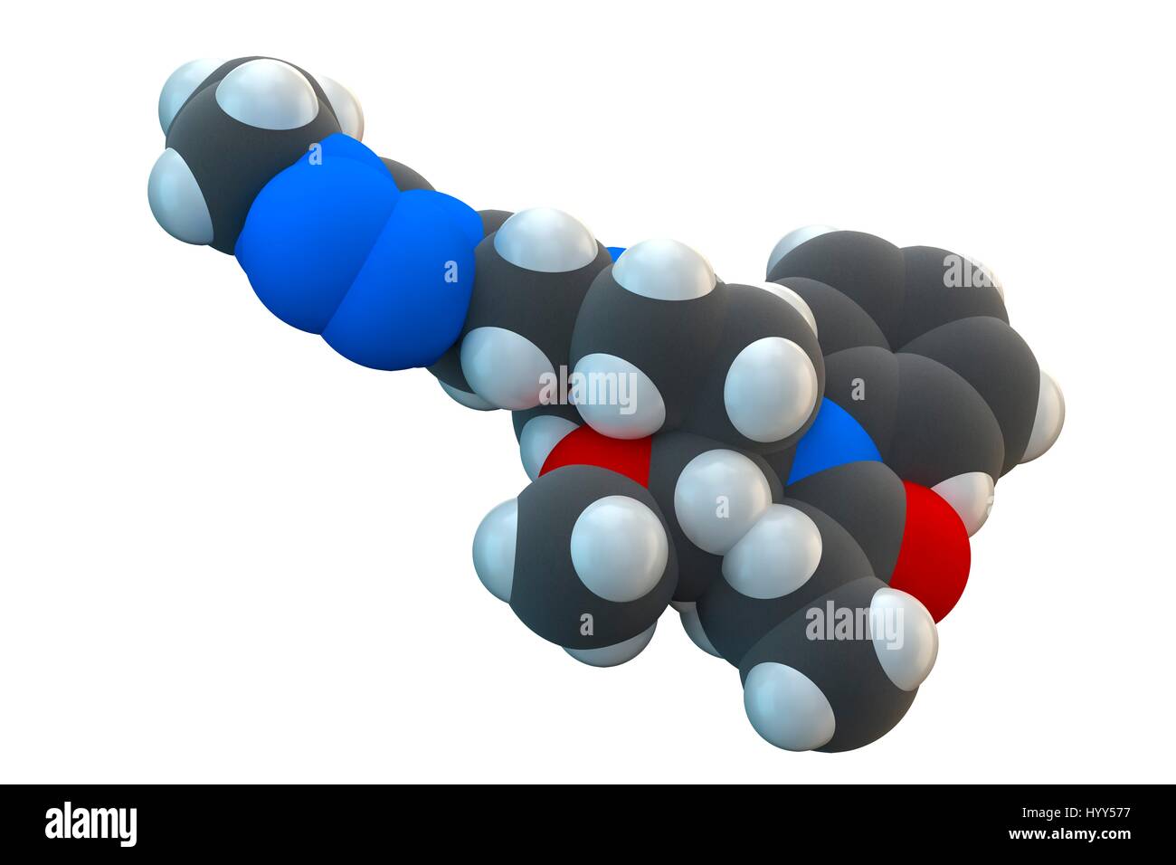 Alfentanil, molecular model. Synthetic opioid analgesic drug used for anaesthesia in surgery. Chemical formula is C21H32N6O3. Atoms are represented as spheres: carbon (grey), hydrogen (white), nitrogen (blue), oxygen (red). Illustration. Stock Photo