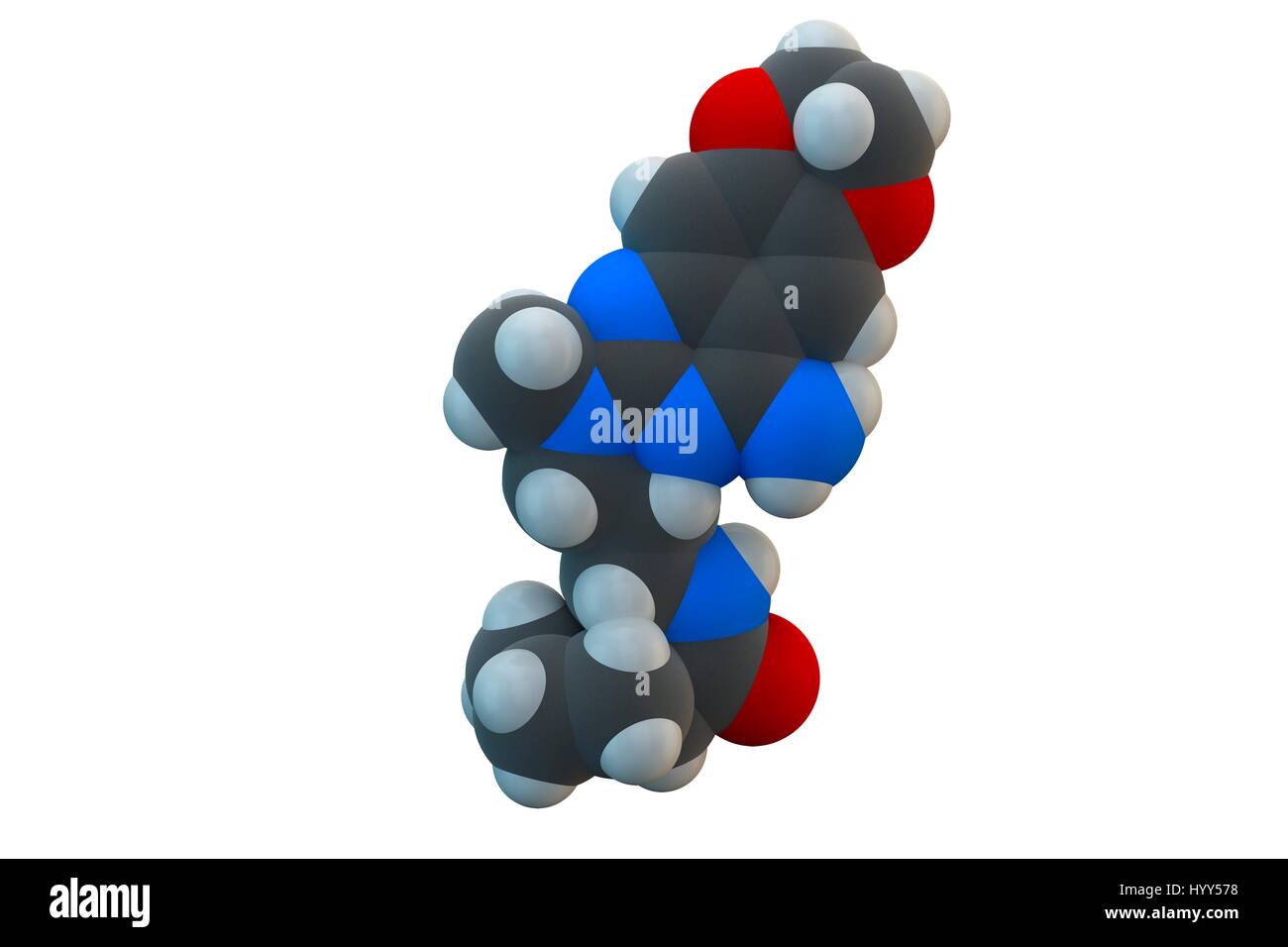 Alfuzosin benign prostate hyperplasia (BPH) drug molecule. Chemical formula is C19H27N5O4. Atoms are represented as spheres: carbon (grey), hydrogen (white), nitrogen (blue), oxygen (red). Illustration. Stock Photo