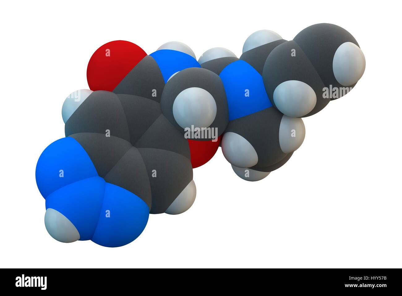 Alizapride antiemetic drug molecule. Used in treatment of nausea and vomiting. Chemical formula is C16H21N5O2. Atoms are represented as spheres: carbon (grey), hydrogen (white), nitrogen (blue), oxygen (red). Illustration. Stock Photo