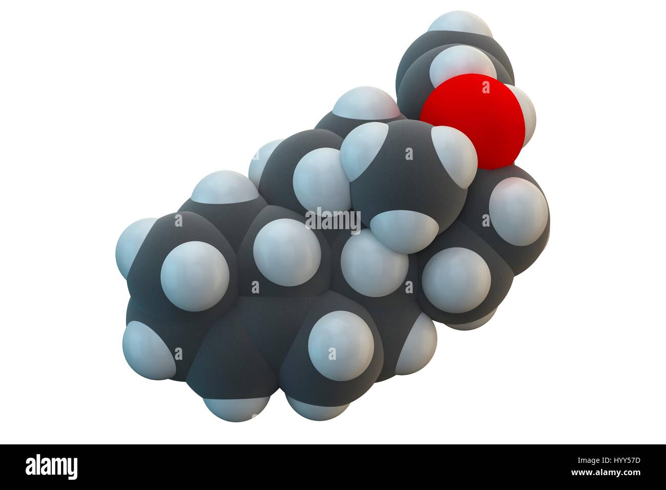 Allylestrenol drug molecule. Used for miscarriage prevention and prevention of premature labour. Chemical formula is C21H32O. Atoms are represented as spheres: carbon (grey), hydrogen (white), oxygen (red). Illustration. Stock Photo