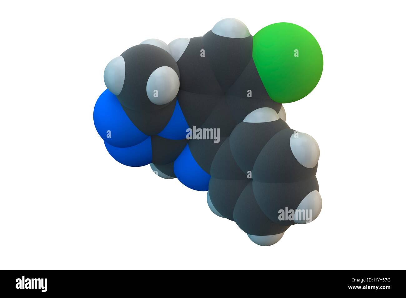 Alprazolam sedative and hypnotic drug (benzodiazepine class) molecule. Chemical formula is C17H13ClN4. Atoms are represented as spheres: carbon (grey), hydrogen (white), chlorine (green), nitrogen (blue). Illustration. Stock Photo