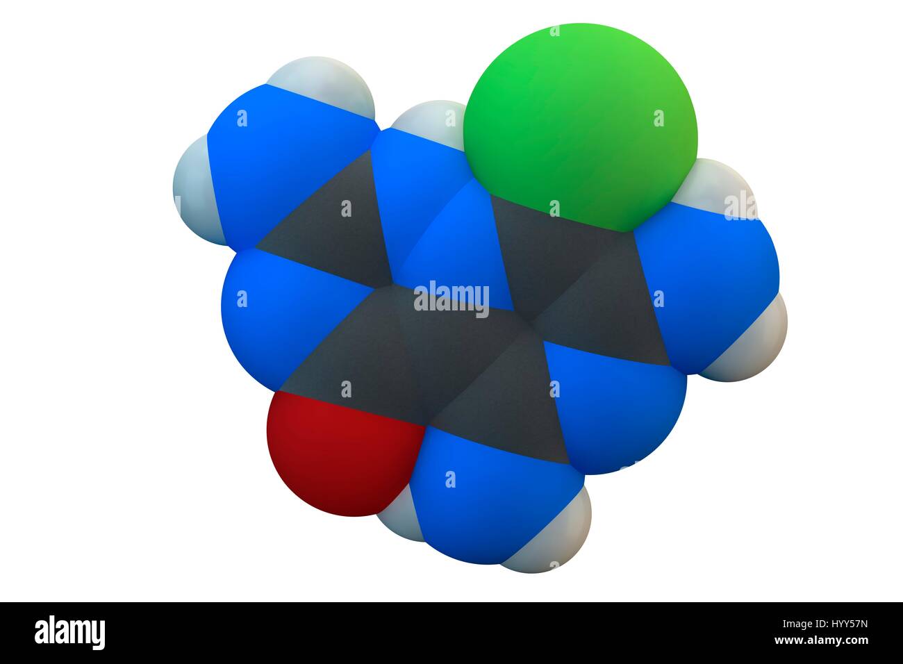 Amiloride diuretic drug molecule. Used in treatment of hypertension (high blood pressure) and congestive heart failure. Chemical formula is C6H8ClN7O. Atoms are represented as spheres: carbon (grey), hydrogen (white), chlorine (green), nitrogen (blue), oxygen (red). Illustration. Stock Photo