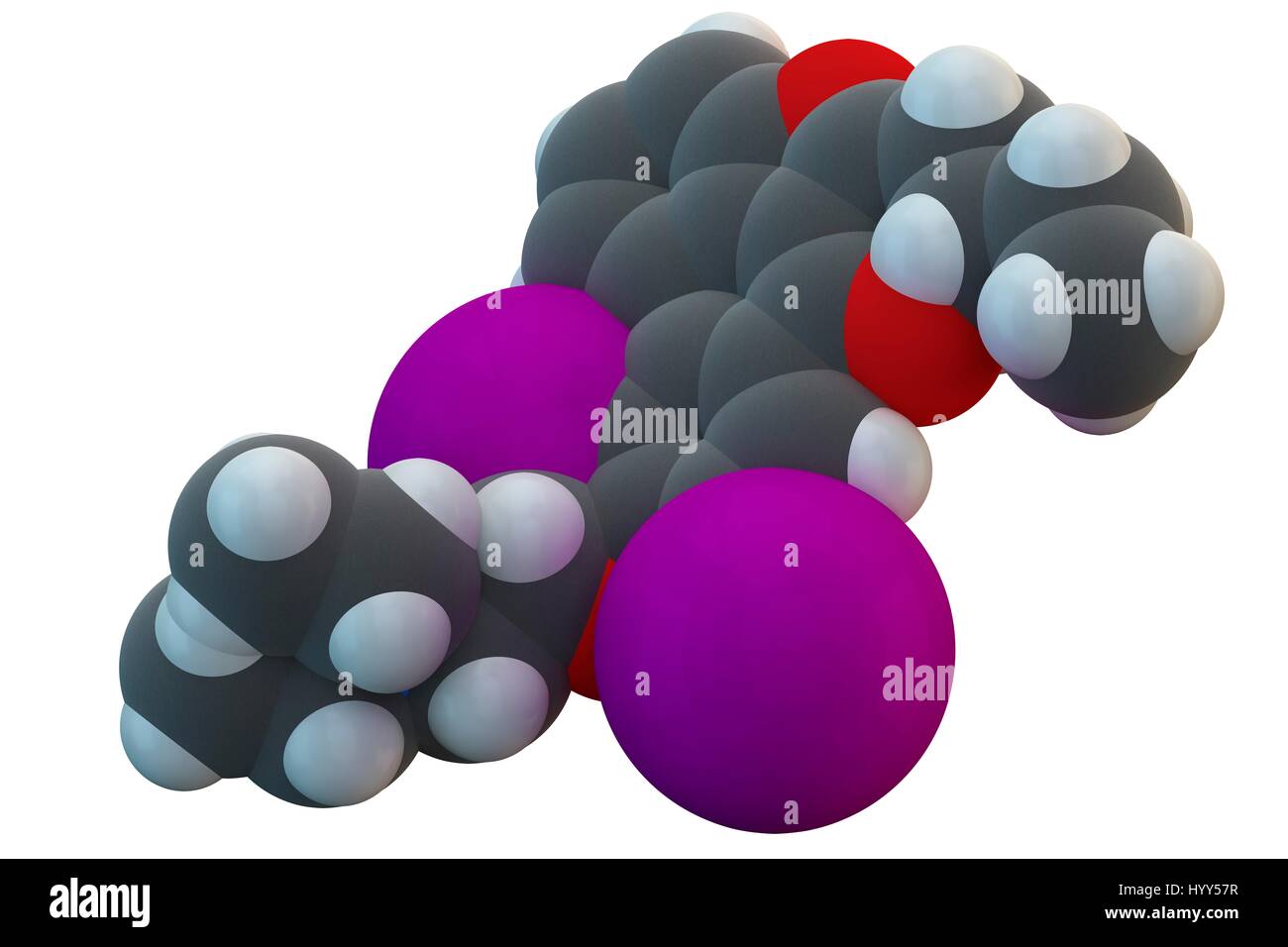 Amiodarone antiarrhythmic drug molecule. Chemical formula is C25H29I2NO3. Atoms are represented as spheres: carbon (grey), hydrogen (white), nitrogen (blue), oxygen (red). Illustration. Stock Photo