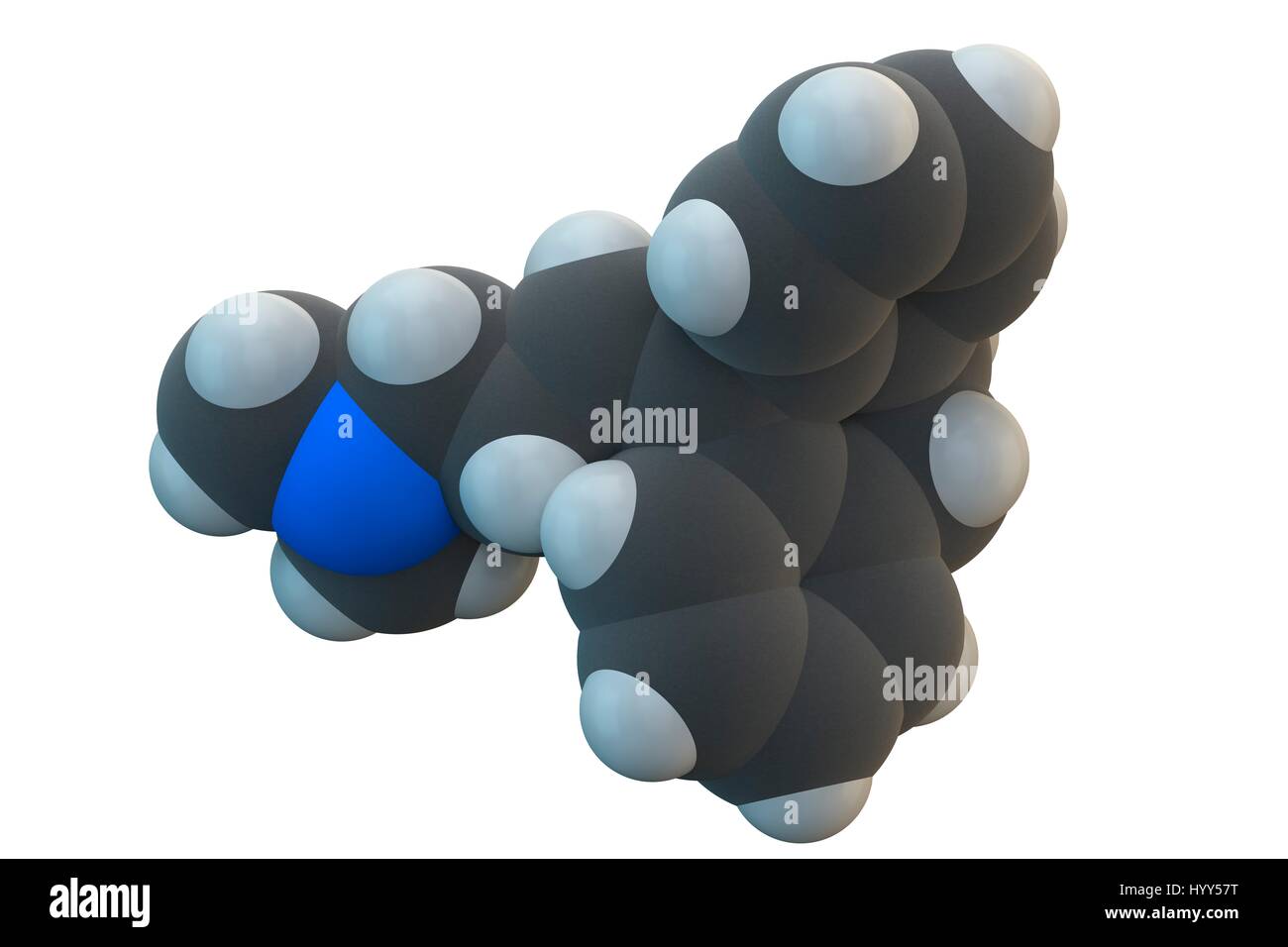 Amitriptyline. Molecular model of the antidepressant drug amitriptyline. Chemical formula is C20H23N. Atoms are represented as spheres: carbon (grey), hydrogen (white), nitrogen (blue). Illustration. Stock Photo