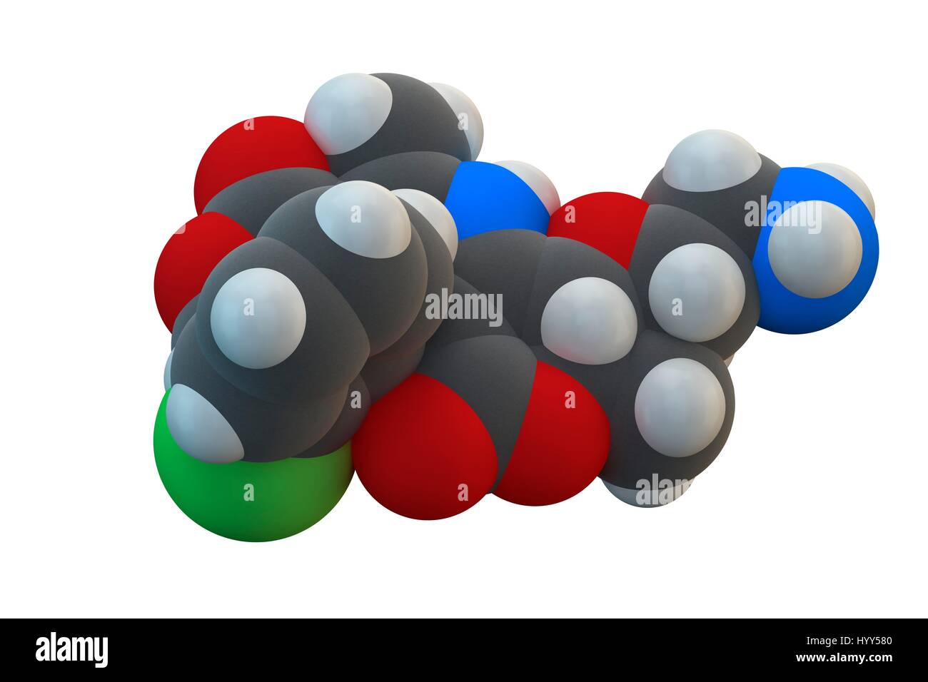 Amlodipine hypertension (high blood pressure) drug molecule. Chemical formula is C20H25ClN2O5. Atoms are represented as spheres: carbon (grey), hydrogen (white), chlorine (green), nitrogen (blue), oxygen (red). Illustration. Stock Photo
