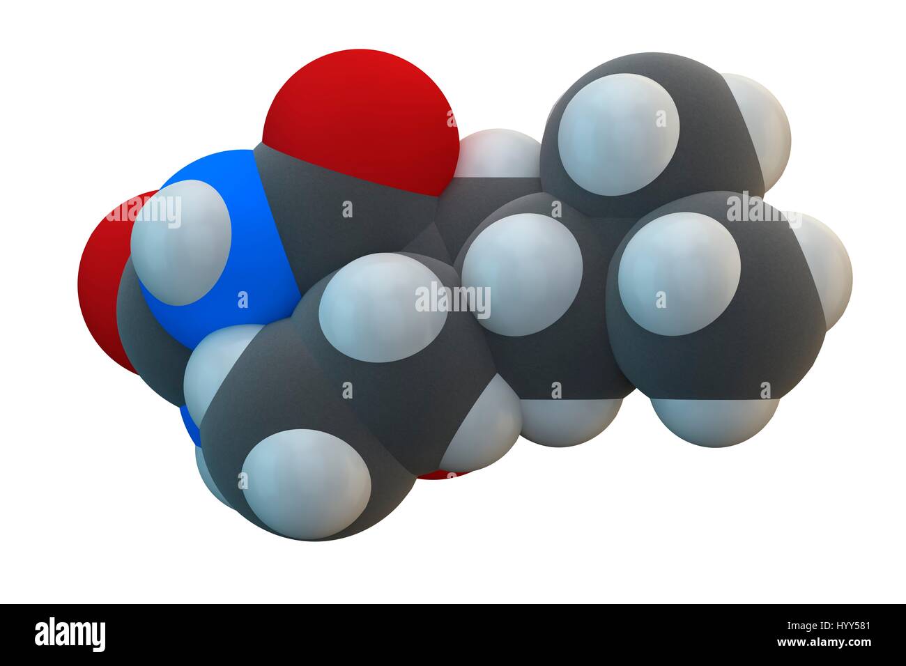 Molecular model of the barbiturate derivative amobarbital. First synthesized in Germany in 1923, amobarbital has sedative-hypnotic properties. Chemical formula is C11H18N2O3. Atoms are represented as spheres: carbon (grey), hydrogen (white), nitrogen (blue), oxygen (red). Illustration. Stock Photo