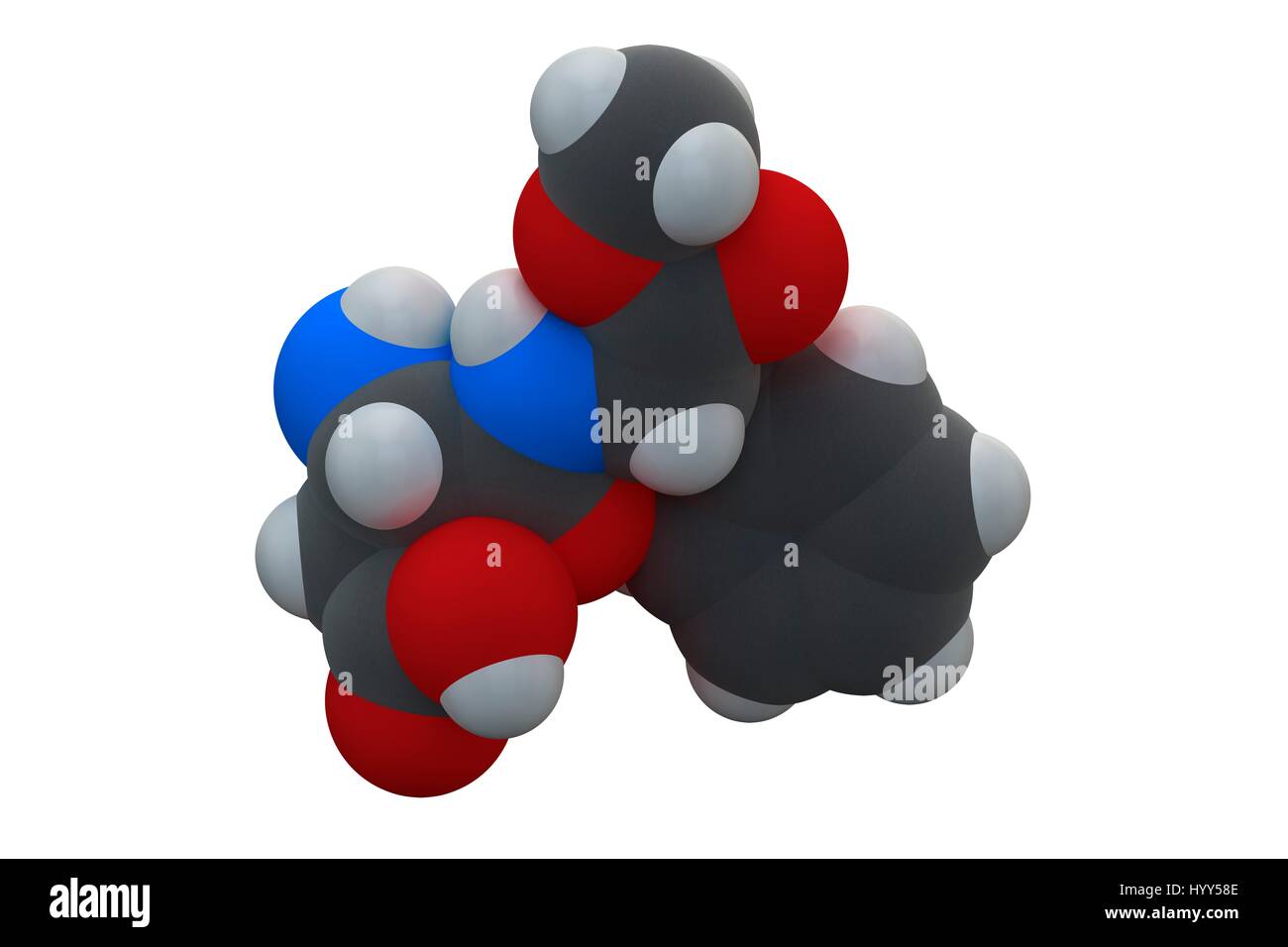 Aspartame artificial sweetener molecule (sugar substitute). Chemical formula is C14H18N2O5. Atoms are represented as spheres: carbon (grey), hydrogen (white), nitrogen (blue), oxygen (red). Illustration. Stock Photo