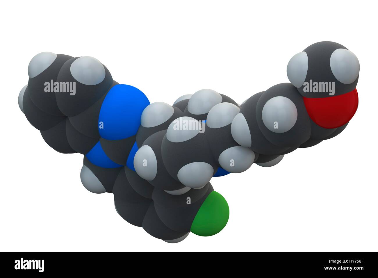 Astemizole allergy drug molecule. Chemical formula C28H31FN4O. Atoms are represented as spheres: carbon (grey), hydrogen (white), nitrogen (blue), oxygen (red), fluorine (green). Illustration. Stock Photo