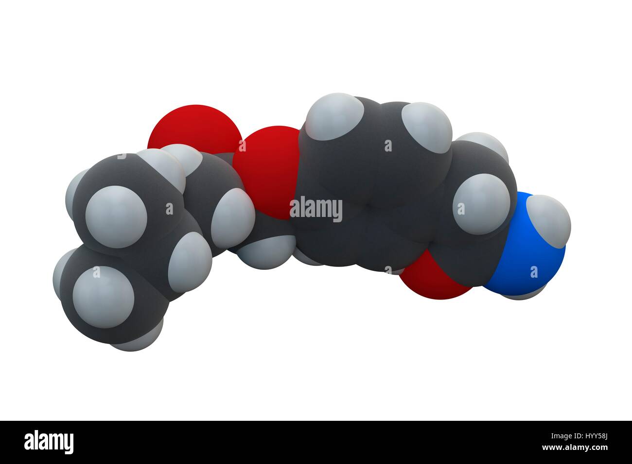 Atenolol hypertension (high blood pressure) drug (beta blocker) molecule. Chemical formula is C14H22N2O3. Atoms are represented as spheres: carbon (grey), hydrogen (white), nitrogen (blue), oxygen (red). Illustration. Stock Photo