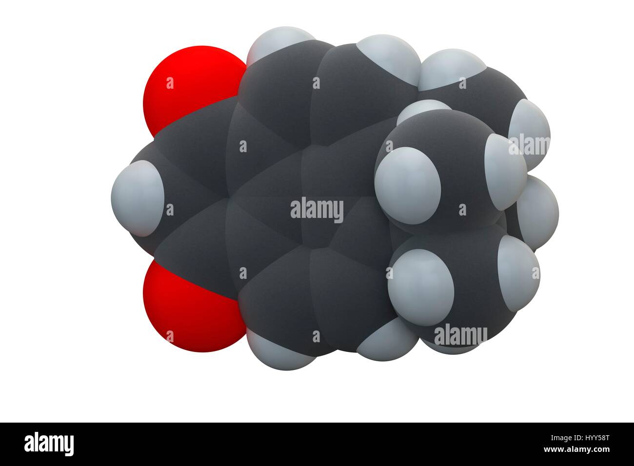 Avobenzone sunscreen molecule (UV filter). Chemical formula is C20H22O3. Atoms are represented as spheres: carbon (grey), hydrogen (white), oxygen (red). Illustration. Stock Photo