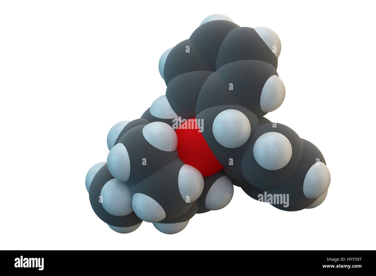 Benzatropine (benztropine) anticholinergic drug molecule. Used in treatment of Parkinson's disease and Parkinsonism. Chemical formula is C21H25NO. Atoms are represented as spheres: carbon (grey), hydrogen (white), nitrogen (blue), oxygen (red). Illustration. Stock Photo