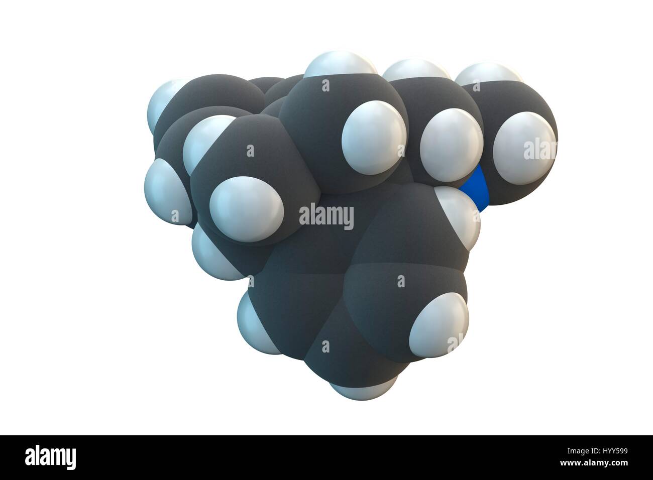 Benzoctamine drug molecule. It has sedative and anxiolytic properties. Chemical formula is C18H19N. Atoms are represented as spheres: carbon (grey), hydrogen (white), nitrogen (blue). Illustration. Stock Photo