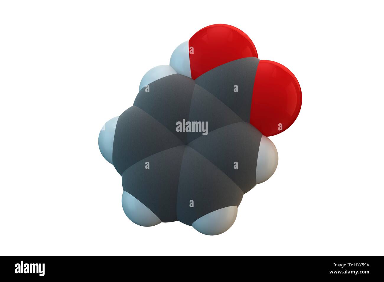Benzoic acid molecule. Benzoate salts are used as food preservatives. Chemical formula is C7H6O2. Atoms are represented as spheres: carbon (grey), hydrogen (white), oxygen (red). Illustration. Stock Photo