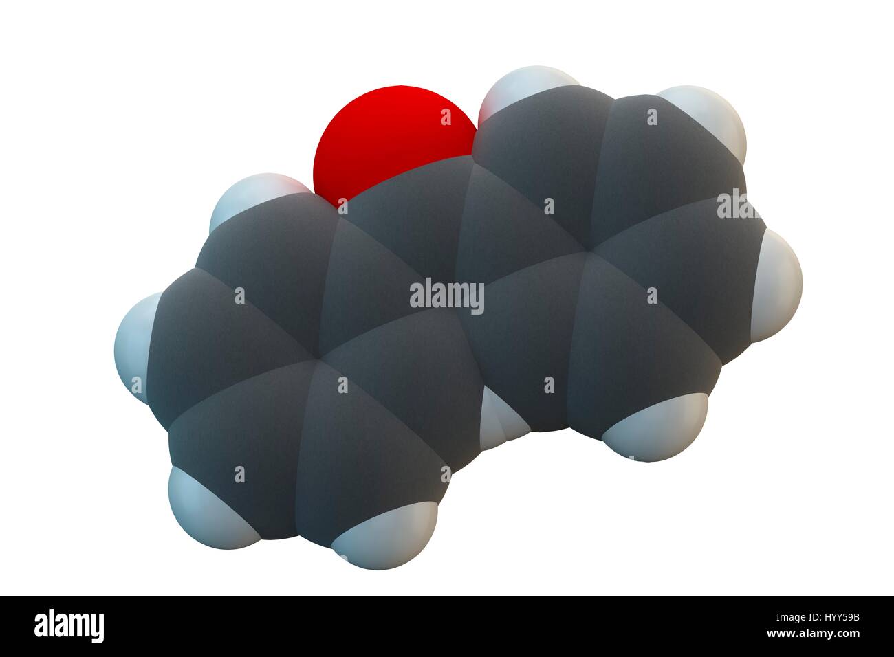 Benzophenone molecule. Chemical formula is C13H10O. Atoms are represented as spheres: carbon (grey), hydrogen (white), oxygen (red). Illustration. Stock Photo