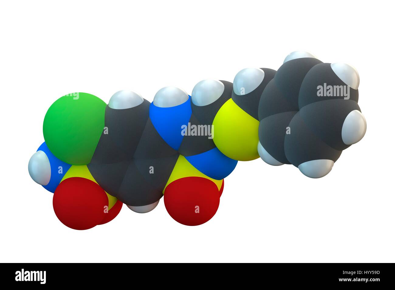 Benzthiazide drug molecule. It is used for hypertension (high blood pressure) and edema treatment. Chemical formula is C15H14ClN3O4S3. Atoms are represented as spheres: carbon (grey), hydrogen (white), nitrogen (blue), oxygen (red), sulphur (yellow). Illustration. Stock Photo