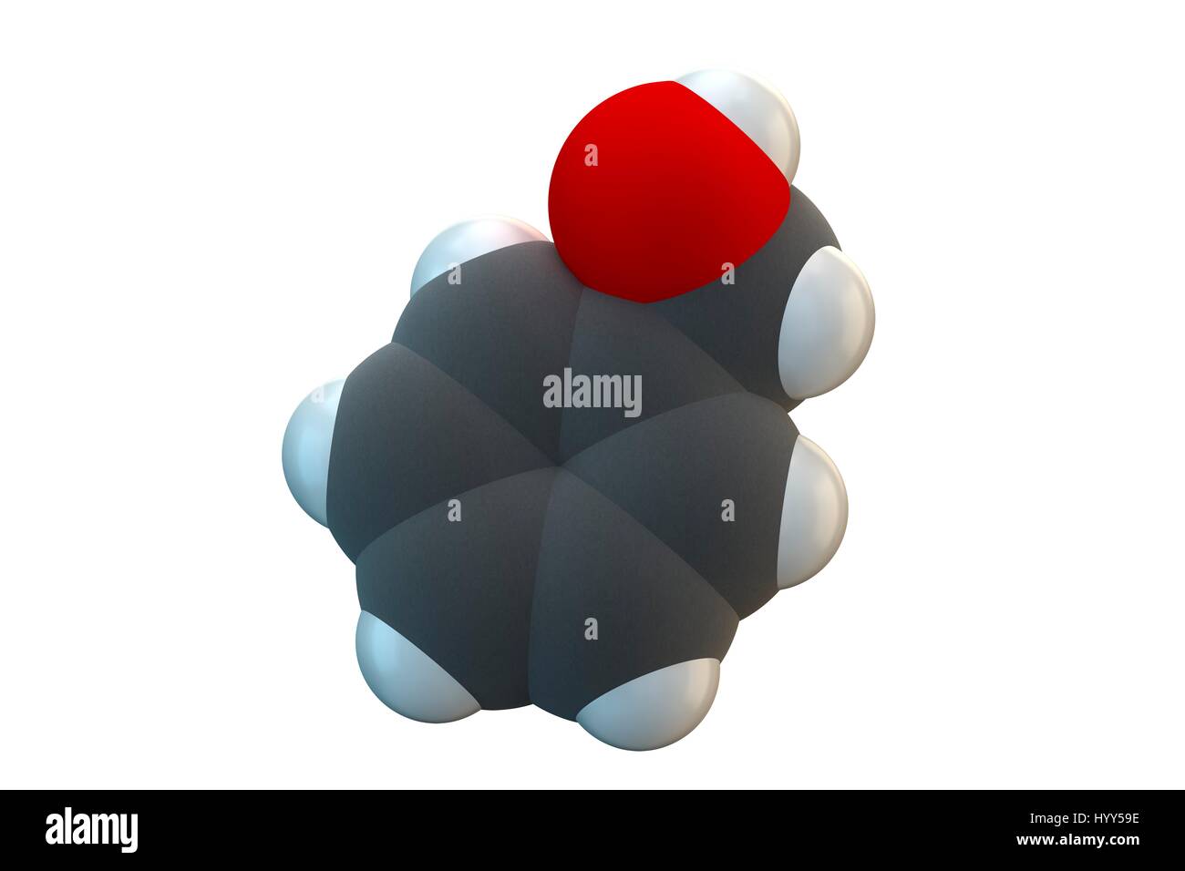 Benzyl alcohol solvent molecule. Used in manufacture of paint and ink, and as preservative in drugs. Chemical formula is C7H8O. Atoms are represented as spheres: carbon (grey), hydrogen (white), oxygen (red). Illustration. Stock Photo