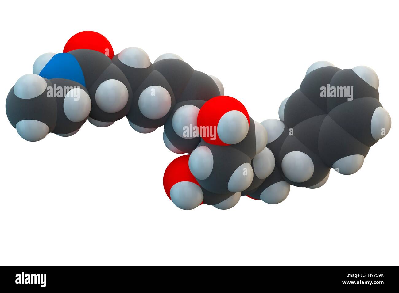 Bimatoprost drug molecule. This prostaglandin analogue is sold under the brand name Lumigan. It is used to control the progression of glaucoma and in the management of ocular hypertension. Chemical formula is C25H37NO4. Atoms are represented as spheres: carbon (grey), hydrogen (white), nitrogen (blue), oxygen (red). Illustration. Stock Photo