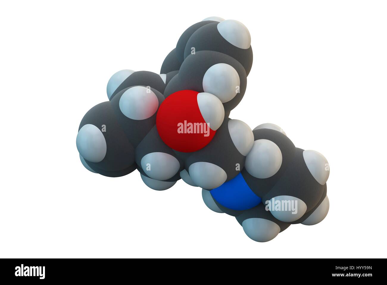 Biperiden Parkinson's disease drug molecule. Chemical formula is C21H29NO. Atoms are represented as spheres: carbon (grey), hydrogen (white), nitrogen (blue), oxygen (red). Illustration. Stock Photo