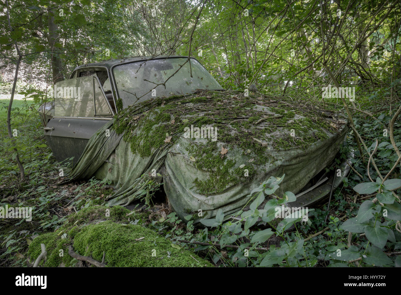 A Lancia car. STUNNING images reveal the vulnerable beauty of abandoned cars that have been left to rust over the years. The collection of spectacular images show how a Volkswagen Beetle, Citroën C2 and even a Ferrari have been taken over by nature and piles of rubble. In other shots, a Mercedes Benz is overgrown with ivy and an old-fashioned BMW has been left in a garage with a collapsing roof and debris on the floor. A Ford vehicle has also been forgotten in the woods and one car even appears to have a tree growing from it. The haunting images were taken by Belgian security guard, Kenneth Pr Stock Photo