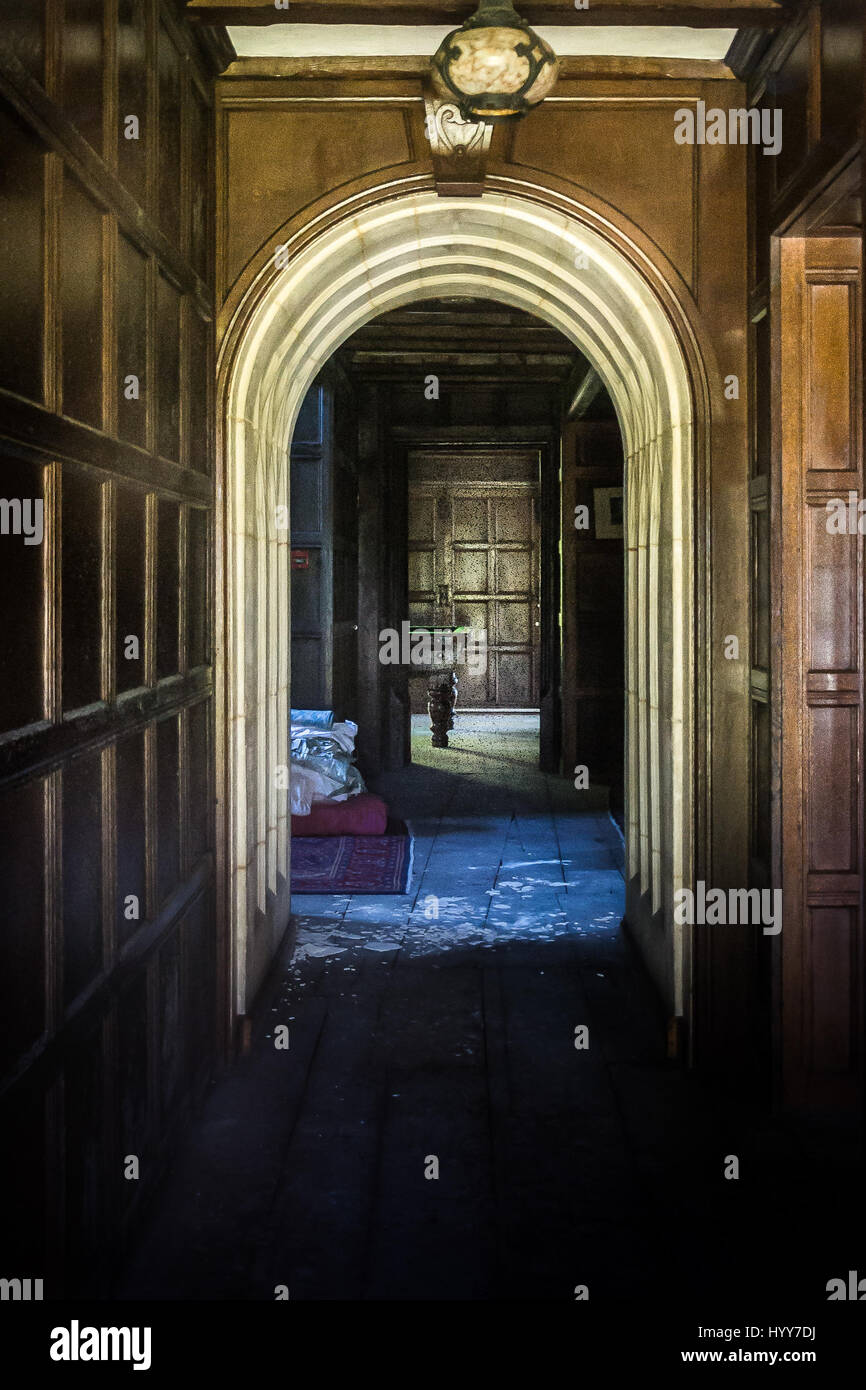 UNITED KINDOM: HAUNTING images reveal the crumbling remains of the Oxfordshire mansion – purportedly worth £12M and once owned by Pink Floyd’s David Gilmour. The eerie photographs show crockery still on display in cabinets in the dining room and crumbling walls that have collapsed into corridors, one room is home to a pool table that looks like it has been abandoned mid-game and an elaborate mural decorates the walls. Outside in the garden, weeds have taken over the patio and swamped the desolate table and chairs and some bushes have grown taller than the downstairs windows. The spooky images  Stock Photo