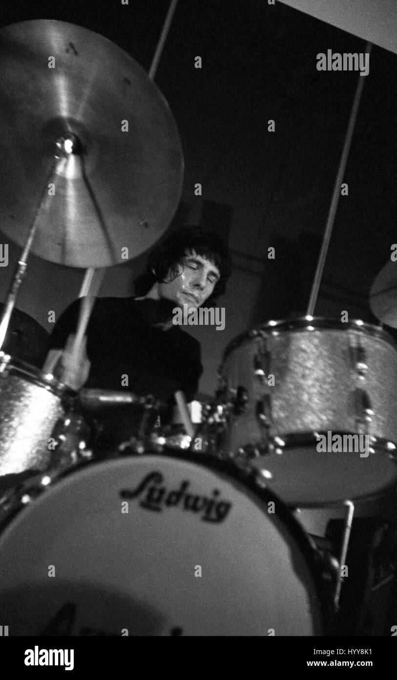 Aynsley Dunbar performs with his UK blues-rock band Aynsley Dunbar’s Retaliation in the Anson Rooms at Bristol University’s Students Union on 12 October 1968 Stock Photo