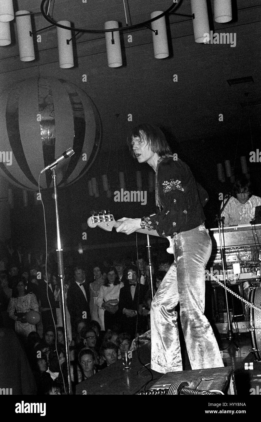 David (Dave) Ambrose performs with UK musical ensemble Brian Auger and The Trinity and Julie Driscoll at Bristol University’s Rag Ball in  the Anson Rooms at the Students Union, on 7 March 1969 Stock Photo