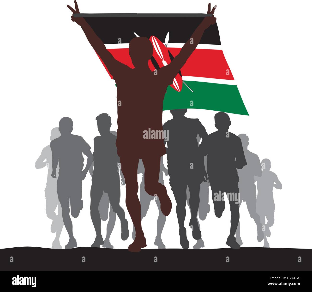 Runners at the finish, winner holding Kenya flag overhead Stock Vector