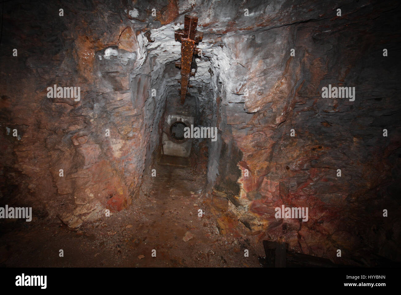CALLINGTON, CORNWALL, UK: An adit. EERIE images reveal the Cornish mining tunnel that was once used to test explosives and research the potential impact of nuclear tests during the Cold War under the code name Operation Orpheus. The haunting pictures show inside the 2,180-foot tunnel where rusting sleepers and collapsing structures remain. Other shots, look down into an adit (entrance) and show the unsuspecting exterior of the mine where a metal gate has been closed across. The spectacular images were taken at the Excelsior Tunnel, Kit Hill, Callington, Cornwall by editor, Nat W (46) from Lond Stock Photo